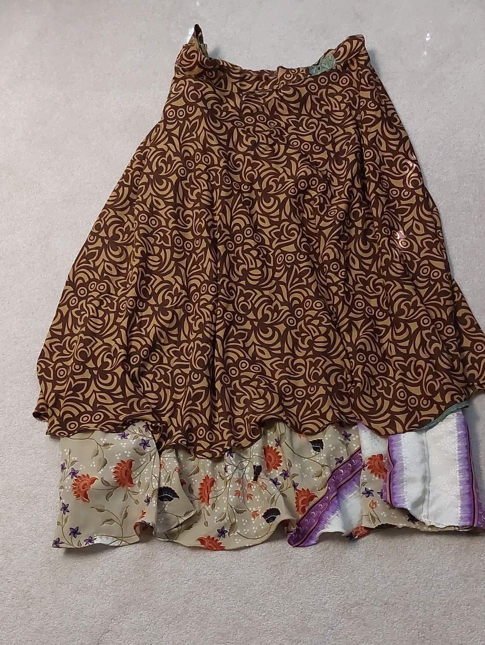 Layered Brown Floral Print Midi Skirt
